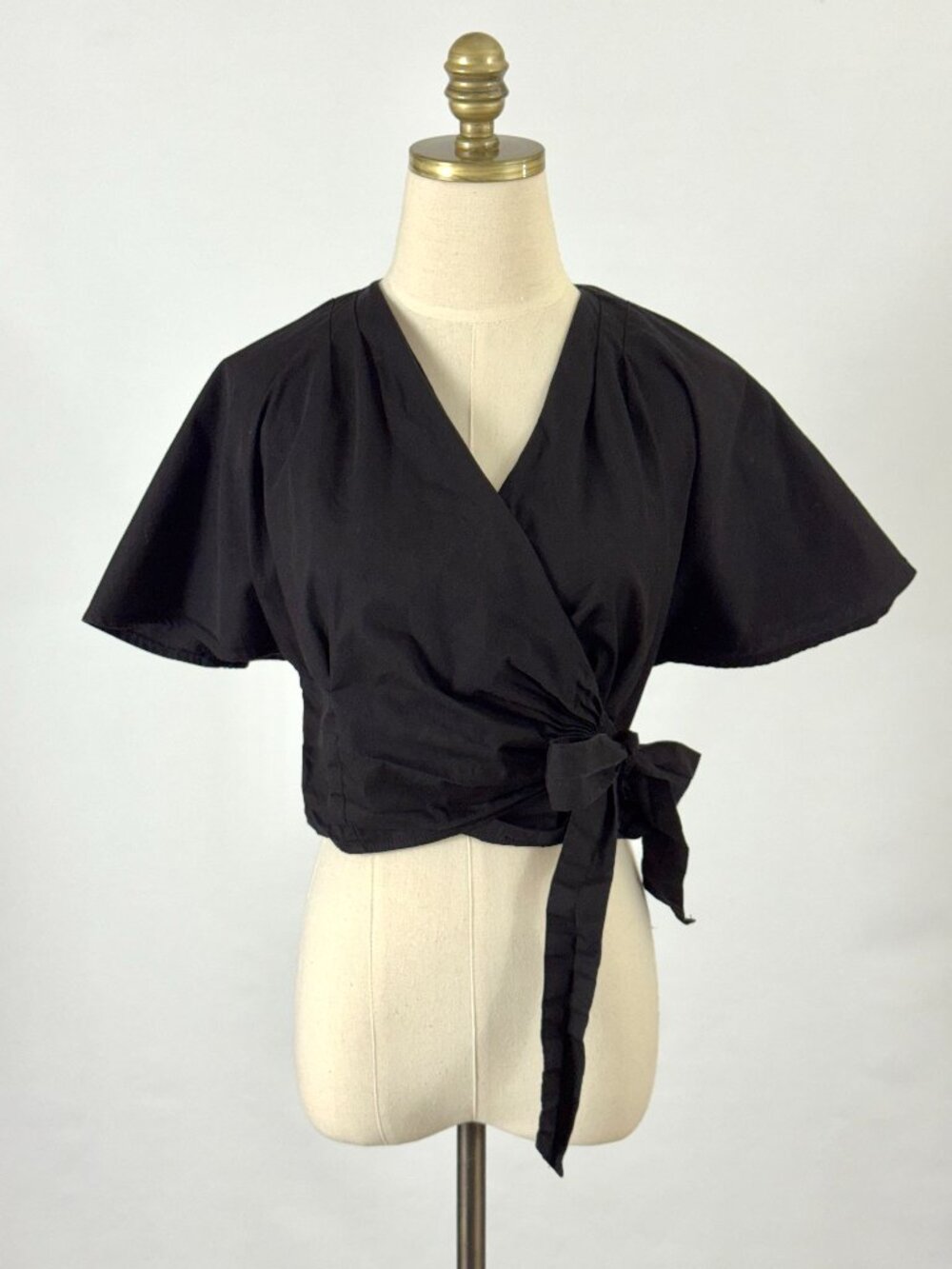 What Katie Did 50s-Style Black Cotton Cropped Wrap Top Tie Bow Waist Retro Pinup